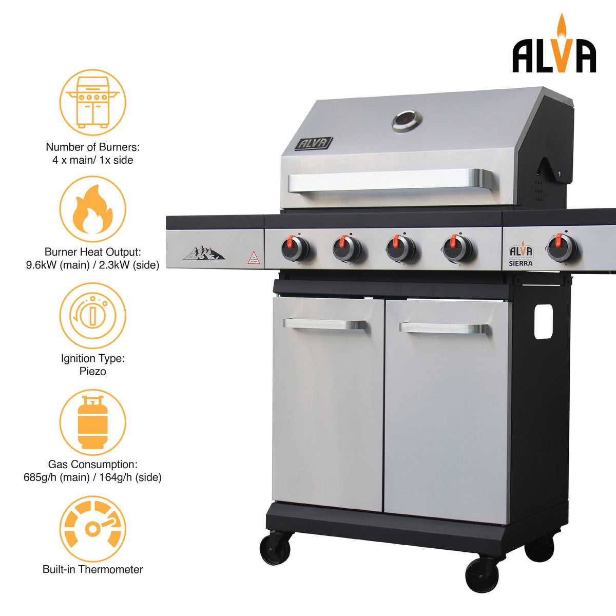 Alva Sierra 4-Burner BBQ With Side Burner – Stainless Steel / Black + FREE TOOL SET