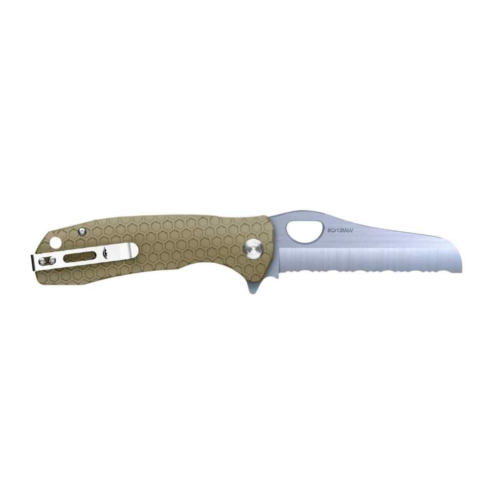 Honey Badger Rescue Serrated 8Cr13MoV w Glass-Breaker - Large - Tan