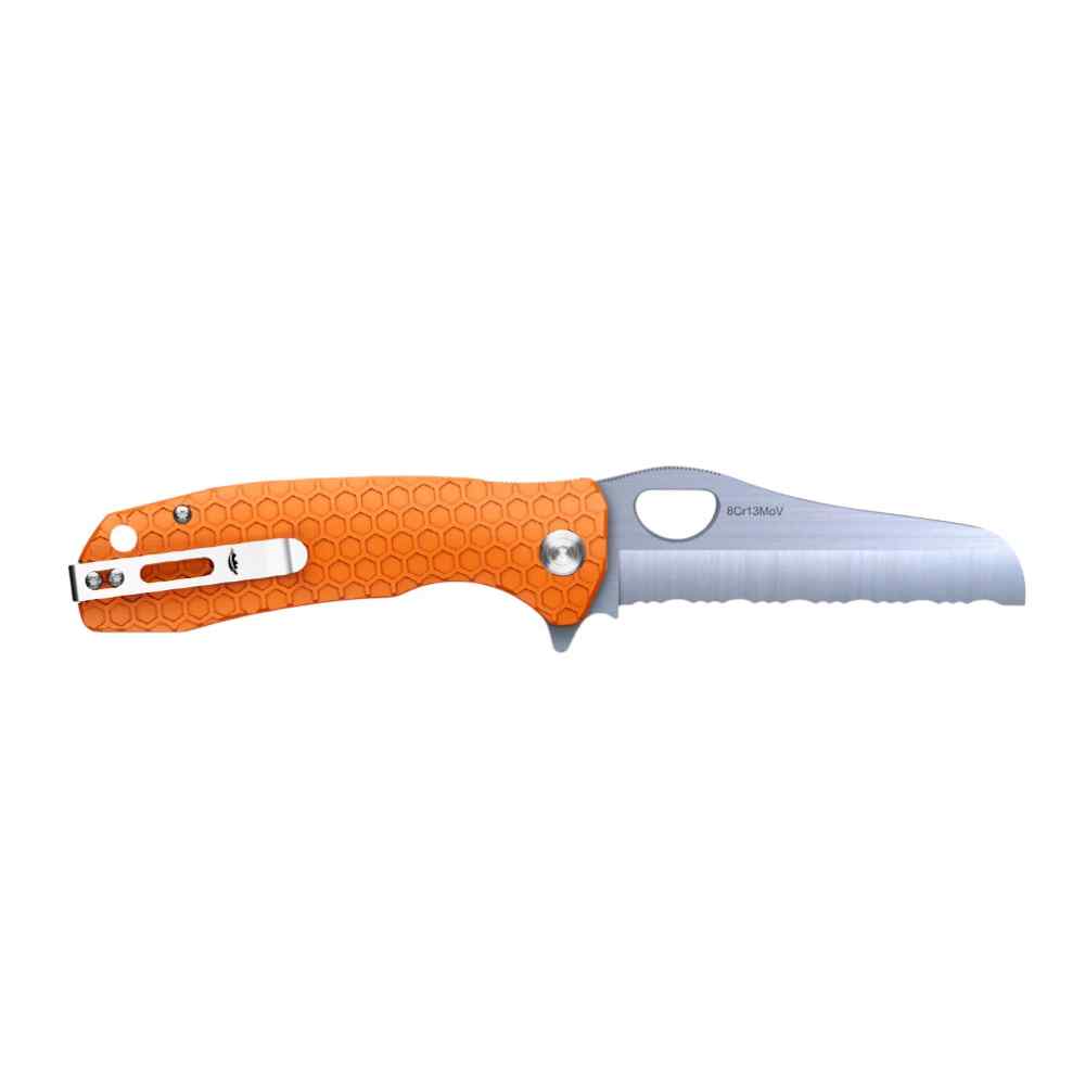 Honey Badger Rescue Serrated 8Cr13MoV w Glass-Breaker - Large - Orange