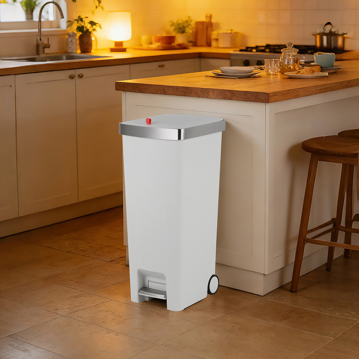 CASA Ravello 45L Pedal & Lid Lift Bin - Plastic - Slim Rectangle - With Wheels - White