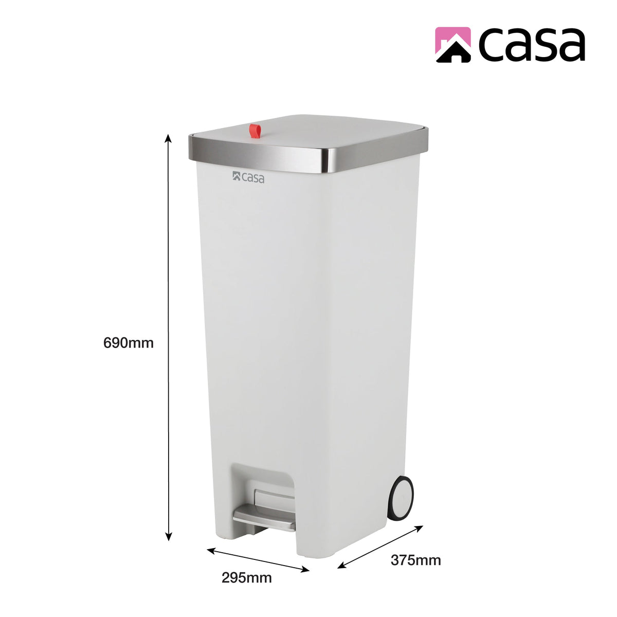 CASA Ravello 45L Pedal & Lid Lift Bin - Plastic - Slim Rectangle - With Wheels - White