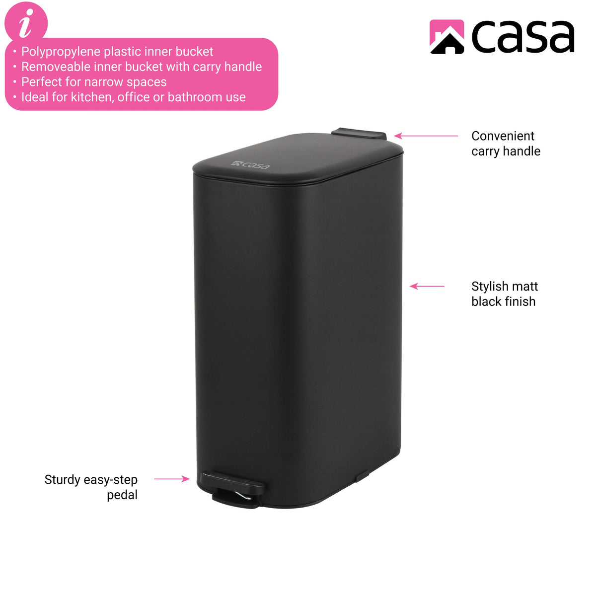 CASA 30L Steel Pedal Bin - Slimline Rectangle - Portofino - Black