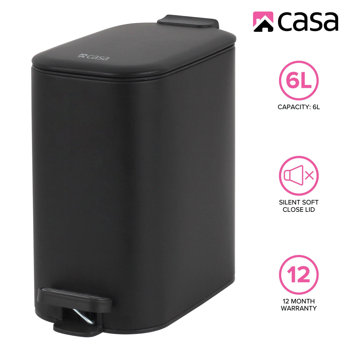 CASA 6L Steel Pedal Bin - Slimline Rectangle - Portofino - Silver