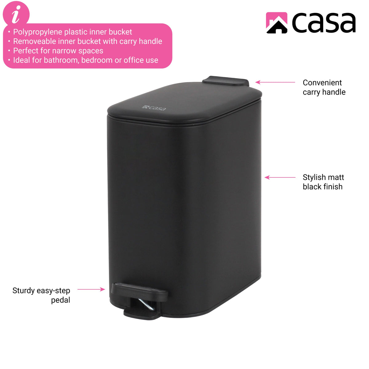 CASA 6L Steel Pedal Bin - Slimline Rectangle - Portofino - Black