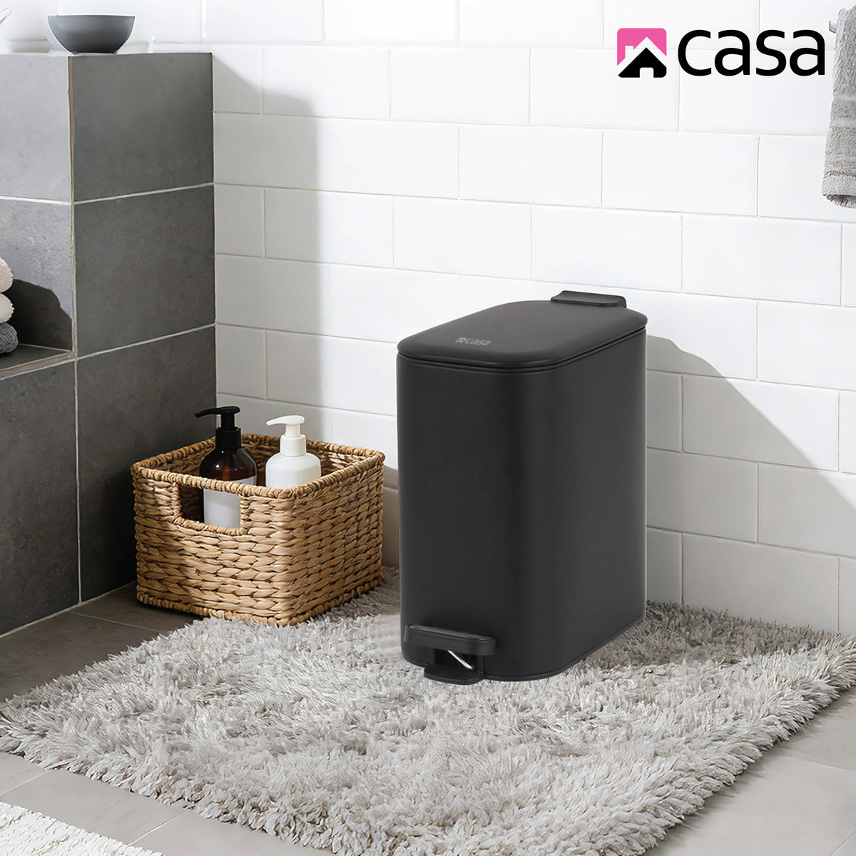 CASA 6L Steel Pedal Bin - Slimline Rectangle - Portofino - Silver