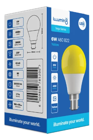 A60 LED Lamp 6W B22 Yellow Illumin8 (4 Pack)