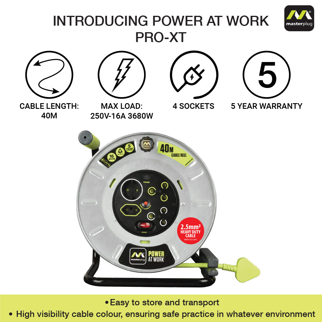 Masterplug Pro-XT 40m Heavy Duty Extension Cable Reel - 4 Socket With Switch