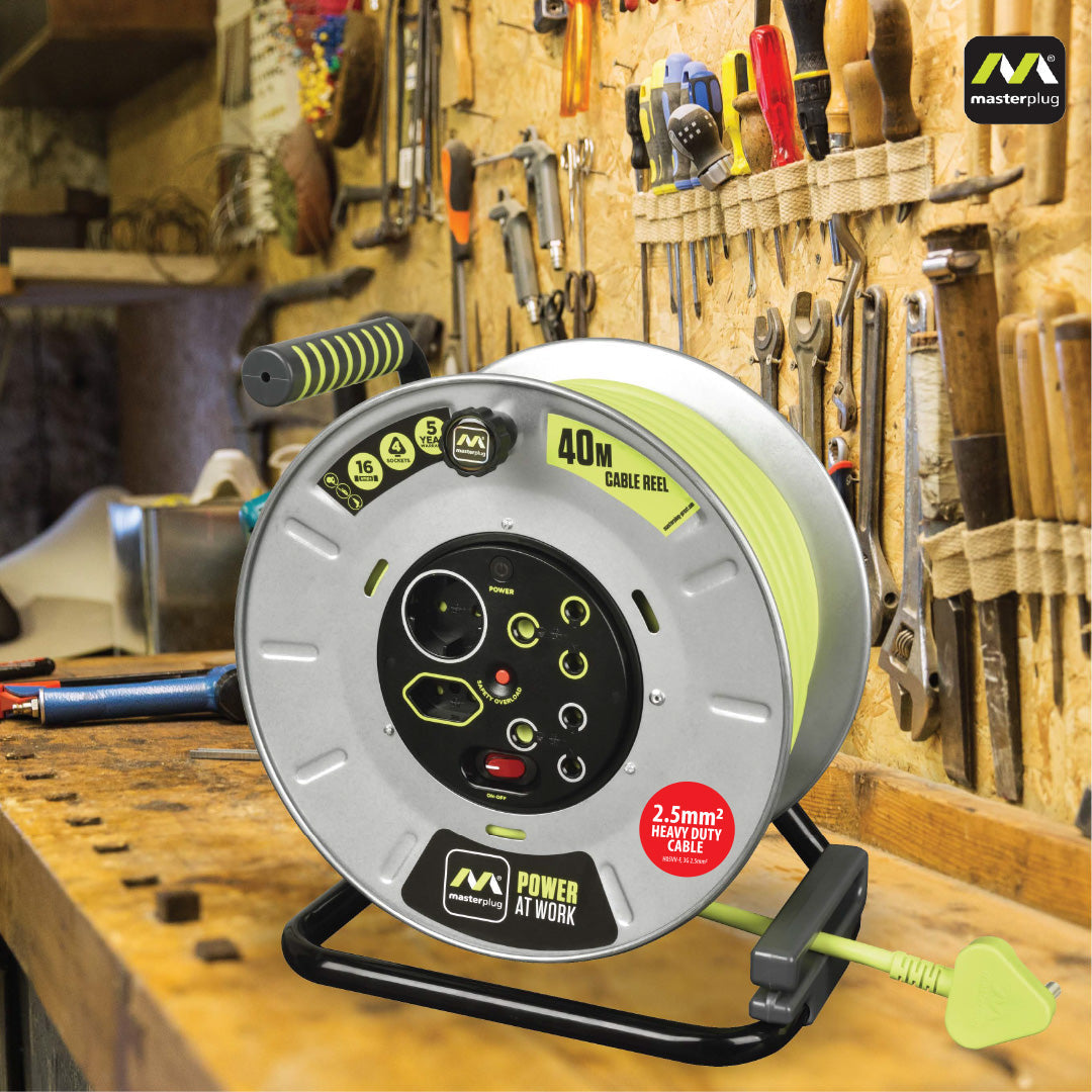 Masterplug Pro-XT 40m Heavy Duty Extension Cable Reel - 4 Socket With Switch