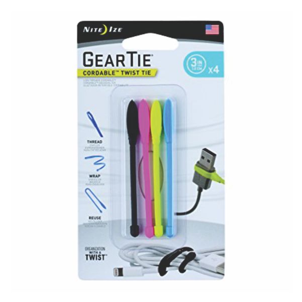 Nite Ize Gear Tie Cordable Rubber Twist Tie 3in 4 Pack Black