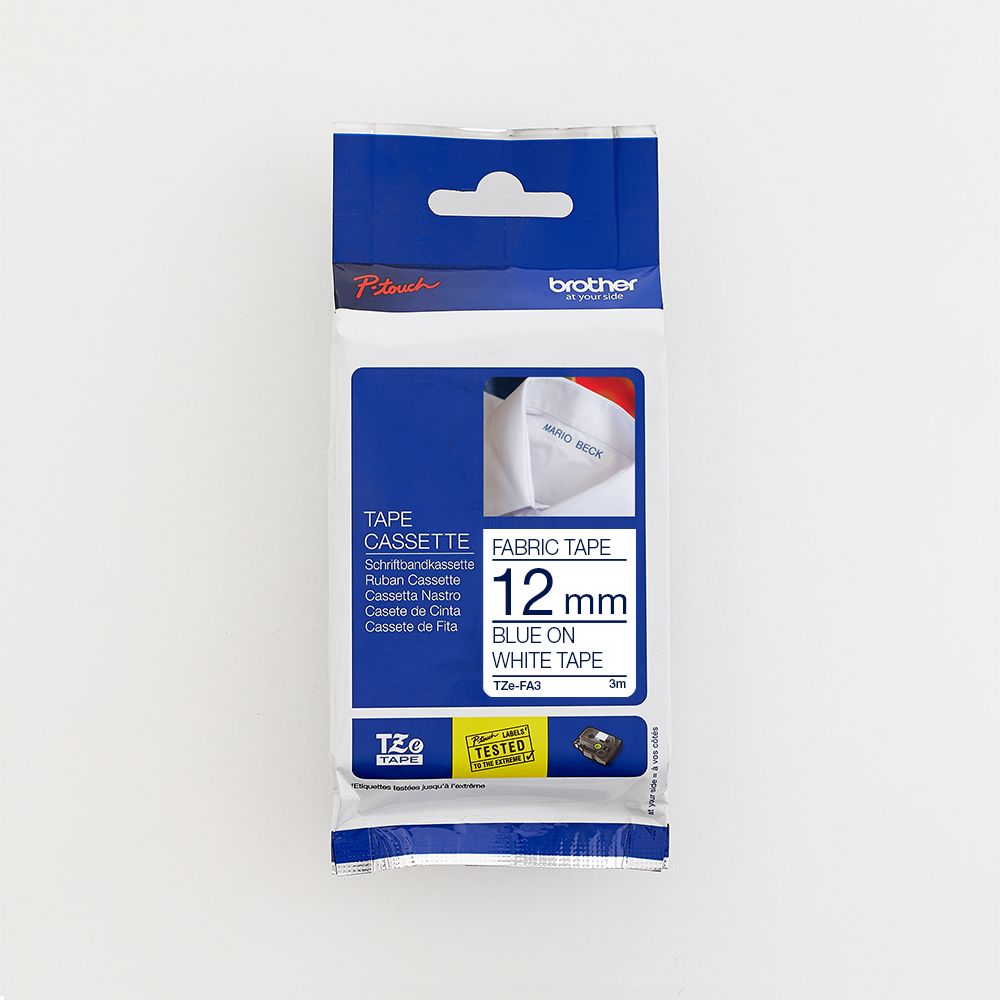 Brother 12MM Fabric Tape Blue on White 3M