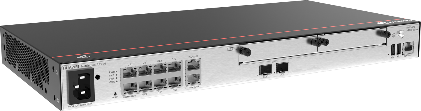 AR720 2*GE combo WAN 8*GE LAN 2*USB 2*SIC up to 1200 users forwarding performance 6Gbps