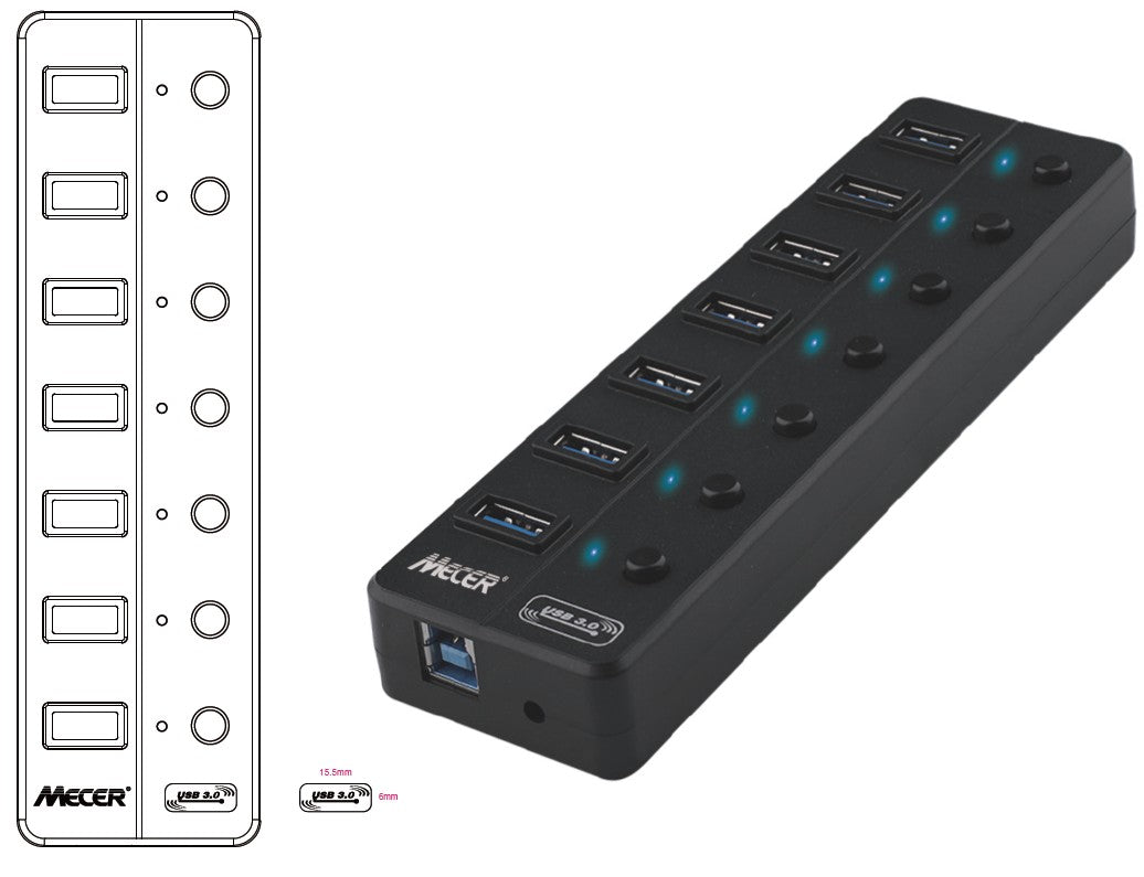 MECER USB 3.1/ 7 PORT EXTERNAL HUB 5Gbps w/Adapter 5V_2A.