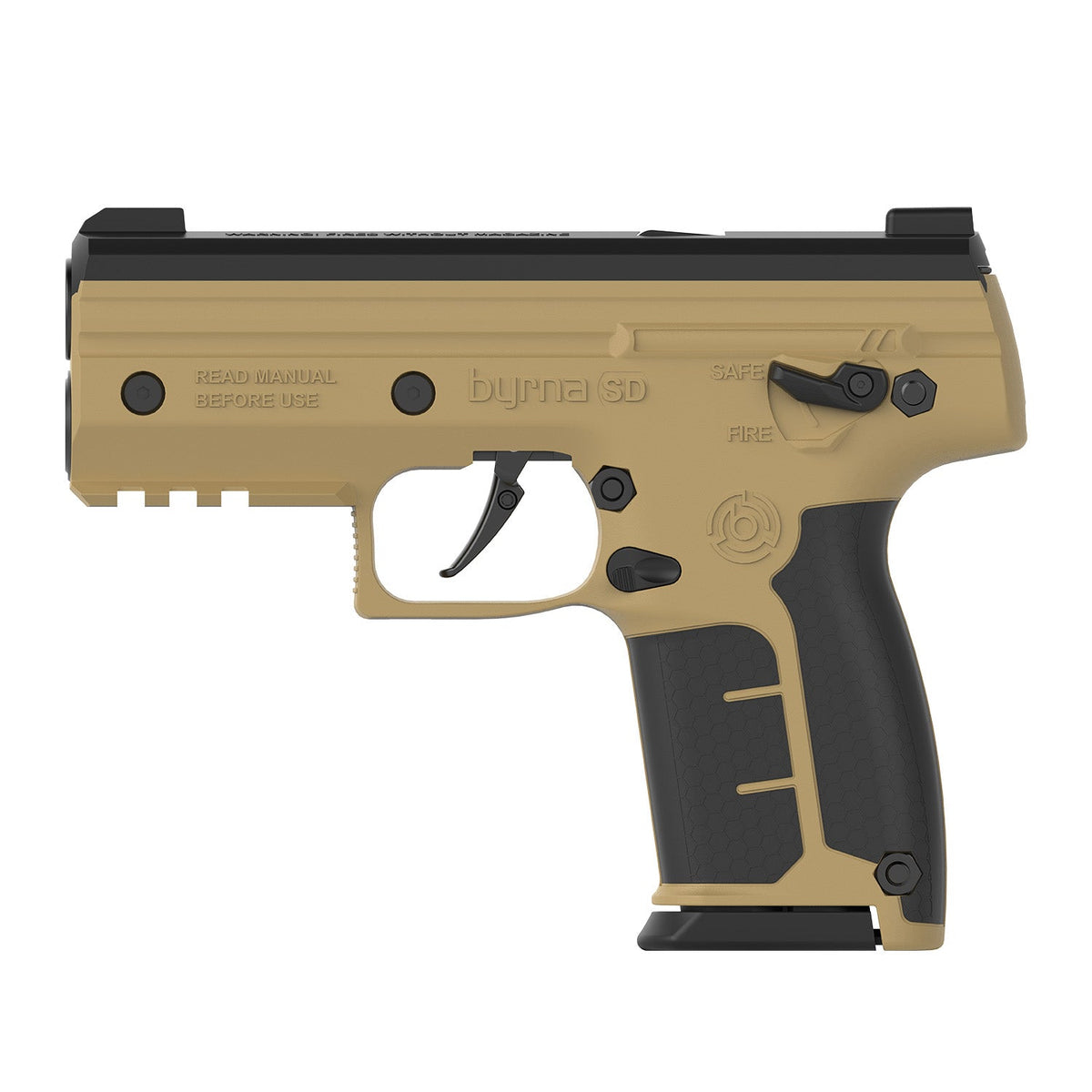 Tan Byrna SD .68 cal launcher with black slide, grip panels and 5-round magazine fitted, left-side view