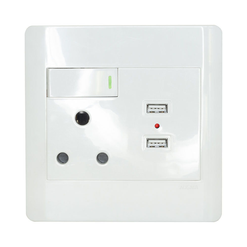 SINGLE WALL SOCKET (16A X1), (2X 2.1A USB) S001-B