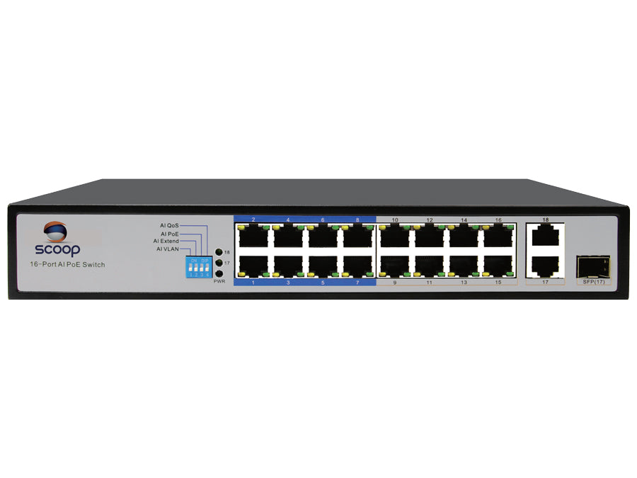 Scoop 16 Port Fast Ethernet PoE 150W 2 Gigabit 1SFP Switch - Guards On Duty Shop & Security Guards