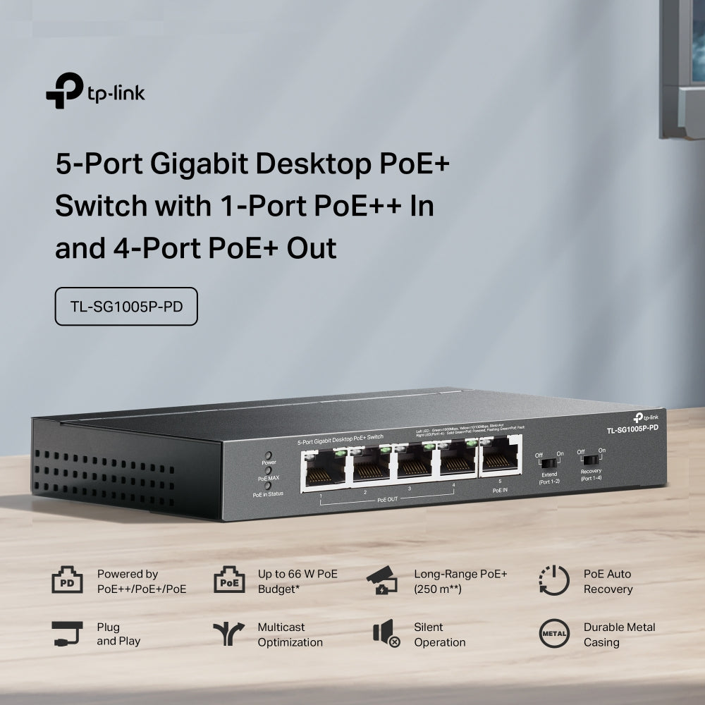 TP-Link 5-Port Gigabit PoE Passthrough Switch 1×PoE++ In 4×PoE+ Out 66W Steel Case