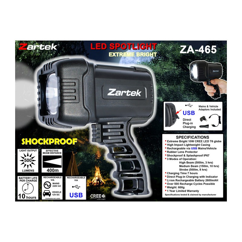 Zartek ZA-465 - Zartek 500 Lumen LED Spotlight Torch Rechargeable