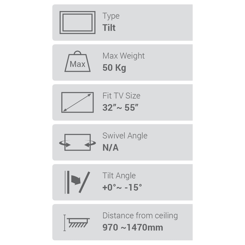Flat Screen Ceiling Mount – Tilt & Rotate 32″-55″ 50kg (TVARMECPL02S)
