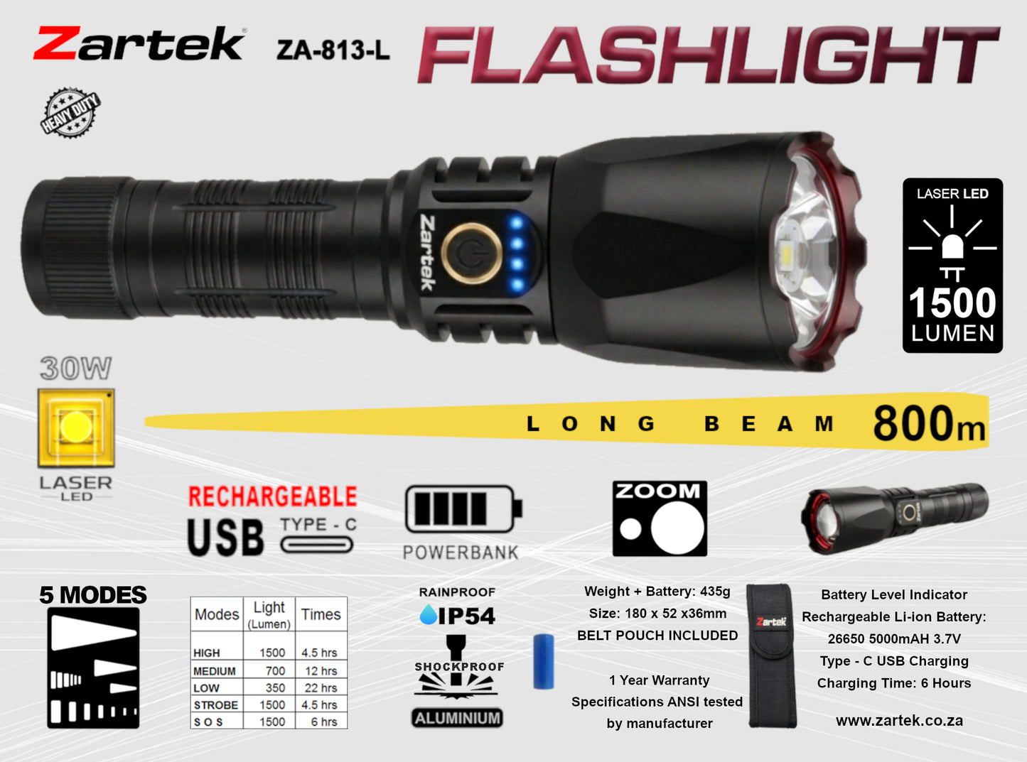 ZA-813-L High Bright Flashlight 1500 Lumen Laser LED 800m Long Beam Aluminium