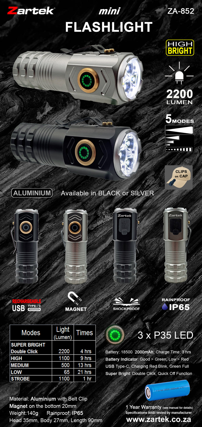ZA-852 Mini High Power Flashlight 3xLED 2200 Lumen Aluminium USB-C Rechargeable