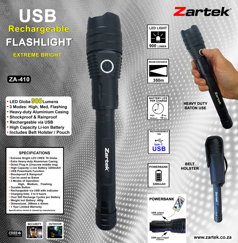 ZA-410 LED USB Rechargeable Heavy Duty Aluminium Baton Torch Li-ion Long Battery