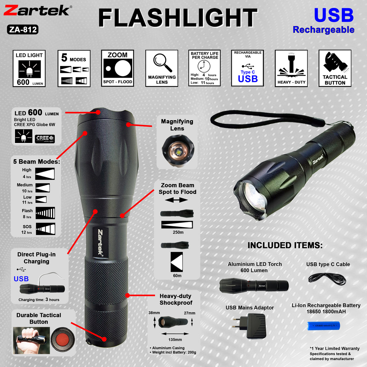 ZA-812 Bright Flashlight LED 600lm 6W Aluminium Zoom USB Rechargeable