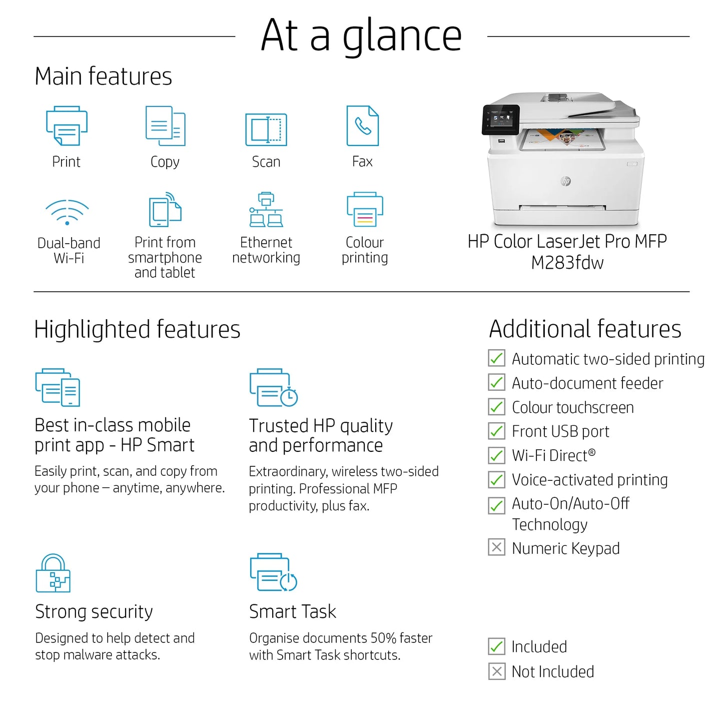 HP COLOUR LASERJET PRO MFP M283FDW, PRINT, COPY, SCAN, FAX, 1-5 USERS, FAST PRINT SPEEDS (21 PPM IN COLOR AND MONO) AND FASTEST IN-CLASS FIRST PAGE OUT, AUTOMATAIC TWO-SIDED PRINTING, 50-PAGE ADF, FRONT USB, TOUCHSCREEN DISPLAY, 250 SHEET PAPER CAPACITY, - Guards On Duty Shop & Security Guards