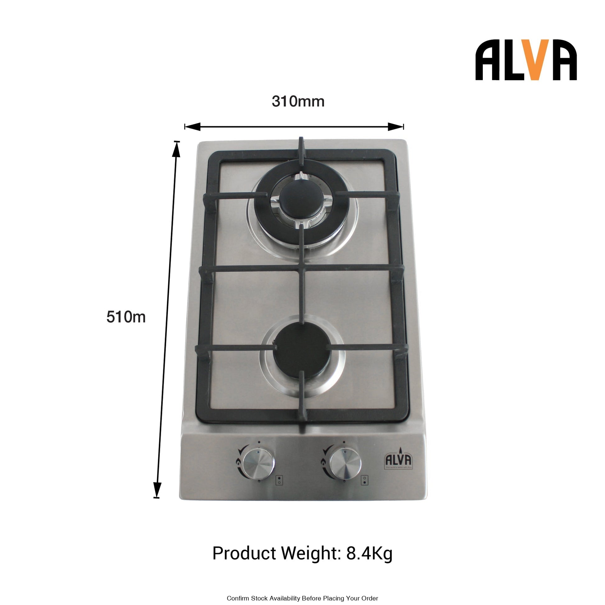 Alva 30cm 2-Burner Gas Hob - Stainless Steel - Alva 2-Burner Gas Hob