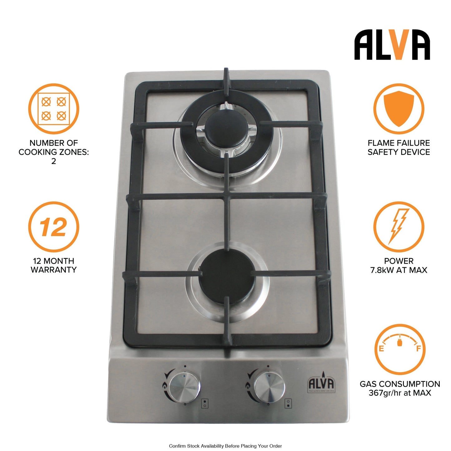 Alva 30cm 2-Burner Gas Hob - Stainless Steel - Alva 2-Burner Gas Hob
