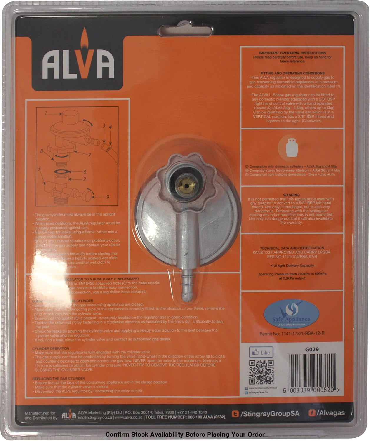 Alva L-Shape Gas Regulator & 1.2m Hose Kit - Alva L-Shape Gas Regulator