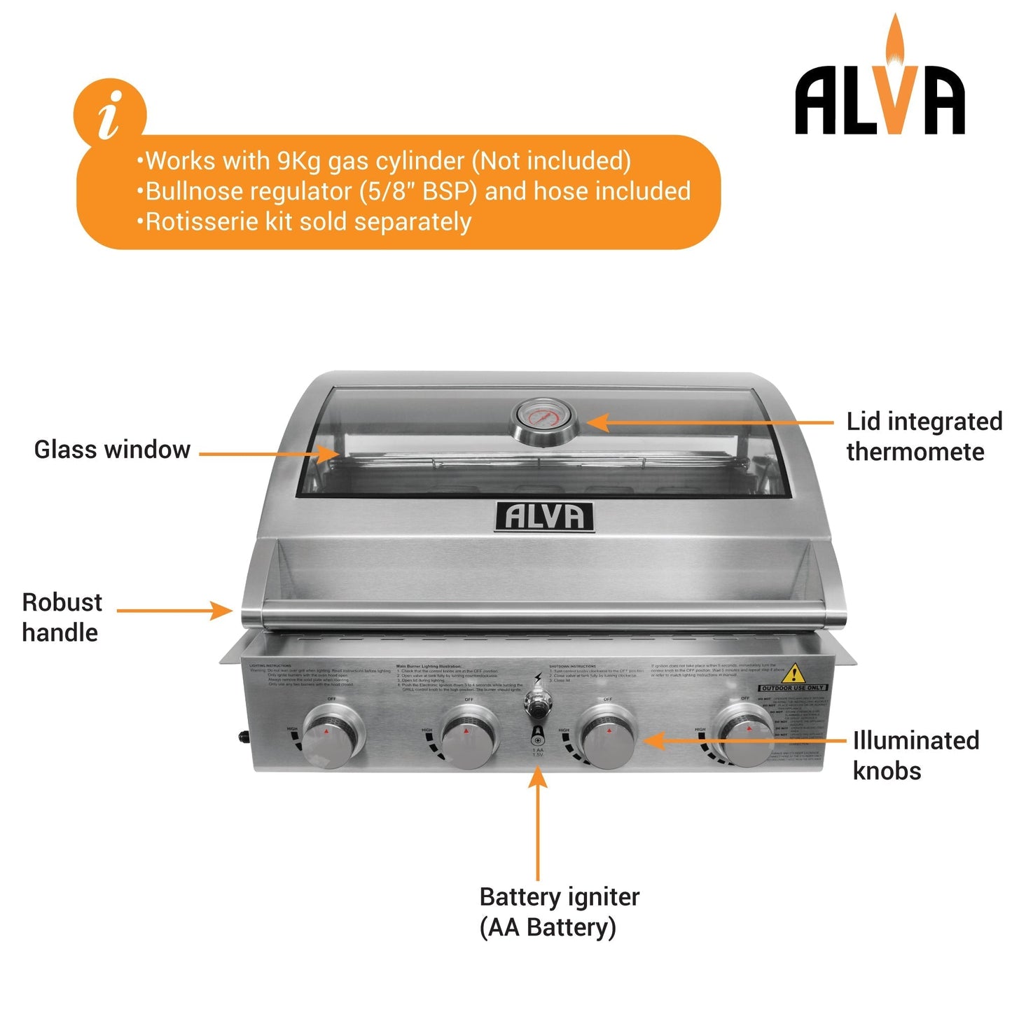 Alva Mojave 4-Burner Glass Hood Drop-In Gas BBQ - Alva Mojave 4-Burner