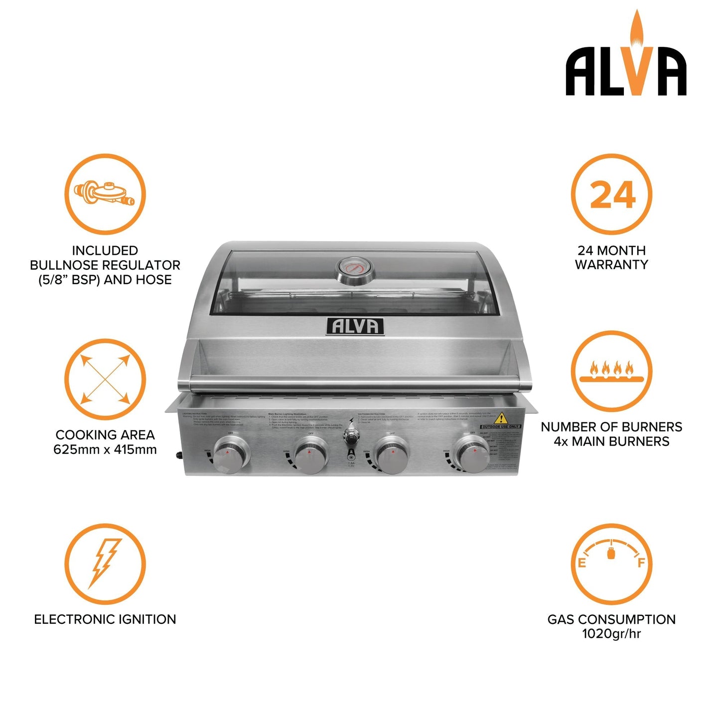 Alva Mojave 4-Burner Glass Hood Drop-In Gas BBQ - Alva Mojave 4-Burner
