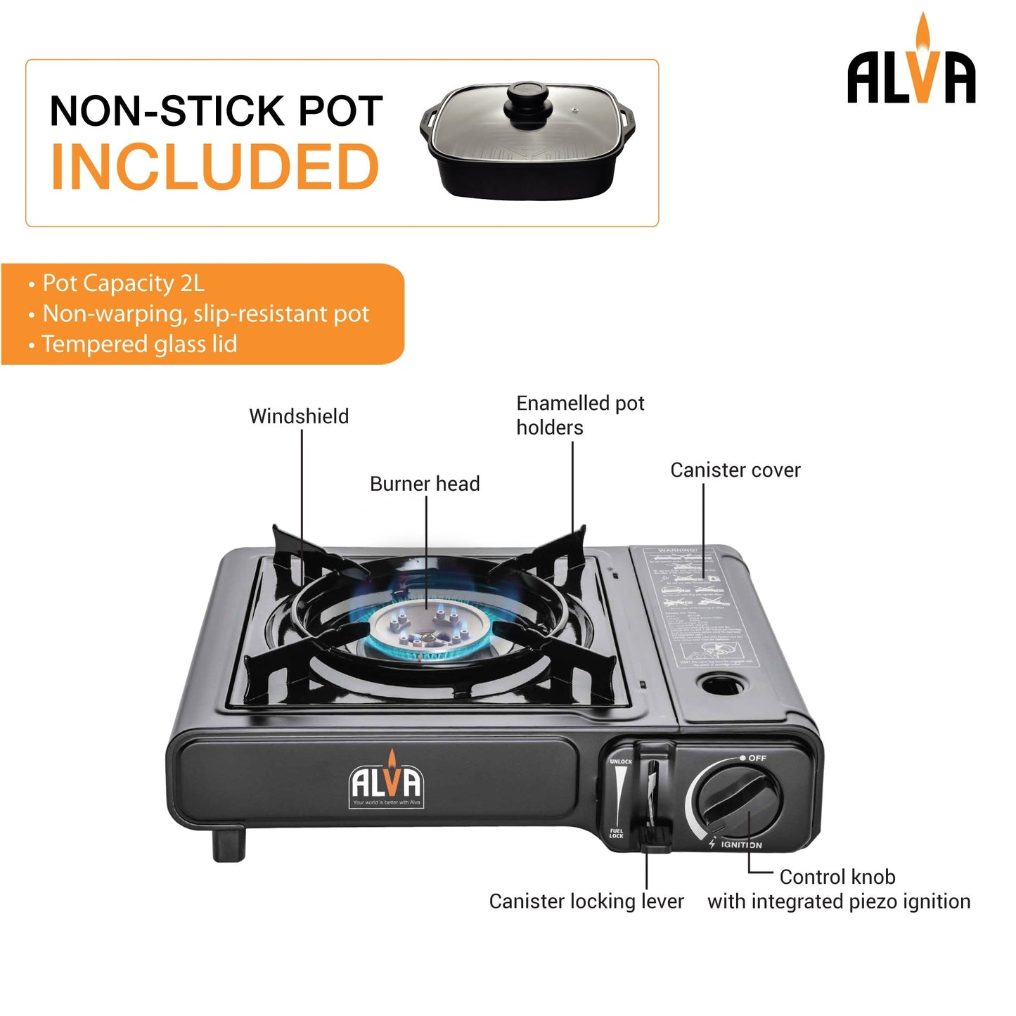 Alva Single Burner Butane Canister Stove + Cooking Pot & Lid - Alva Single Burner Butane Canister Stove + Cooking Pot &
