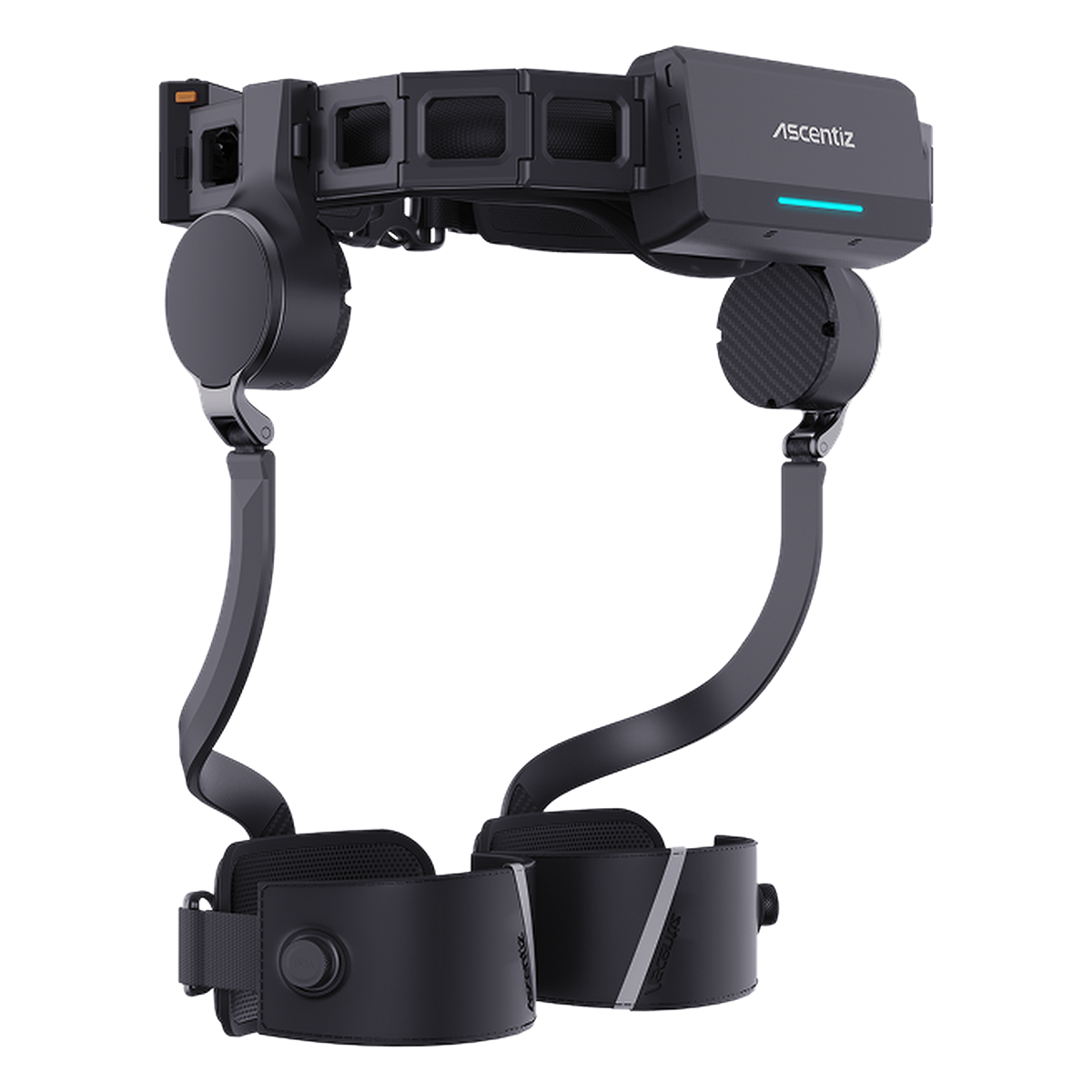 Ascentiz H Pro hip exoskeleton — angled view showing the dual hip motors, control module and status LED