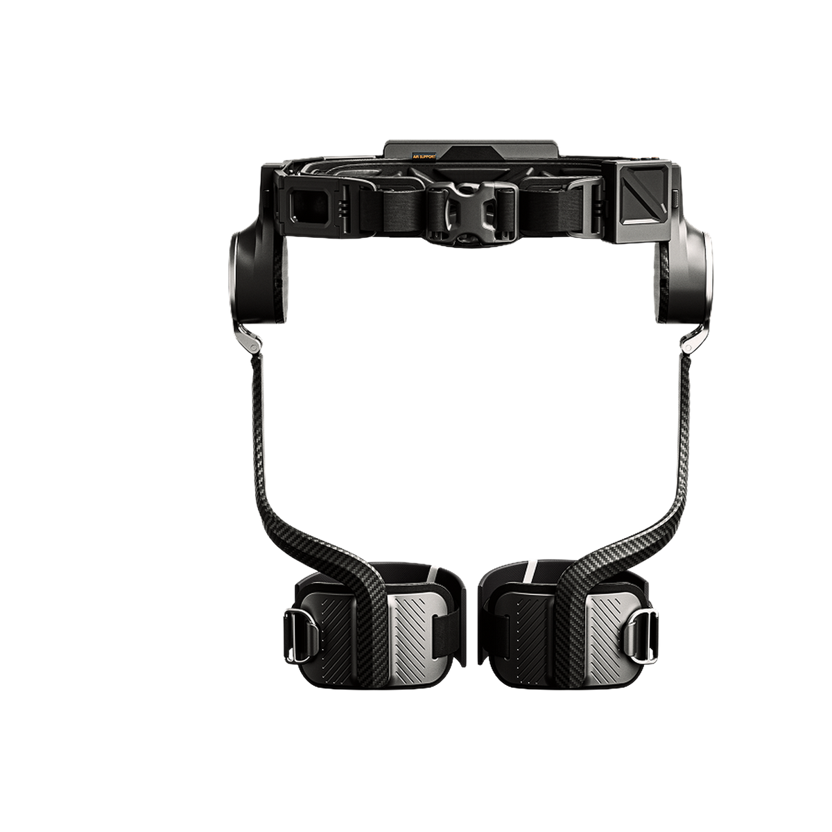 Ascentiz H Ultra hip exoskeleton rear view showing the inner harness frame, buckle straps and AIR SUPPORT label