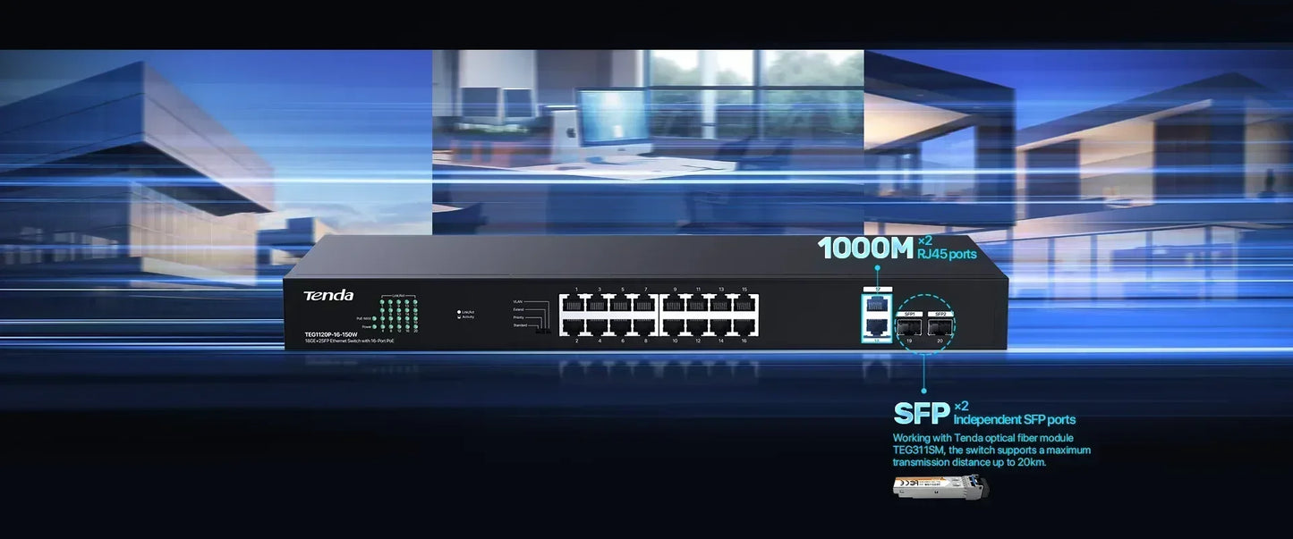 TENDA SWITCH ETHERNET 16-PORT POE 150W Guards On Duty Security