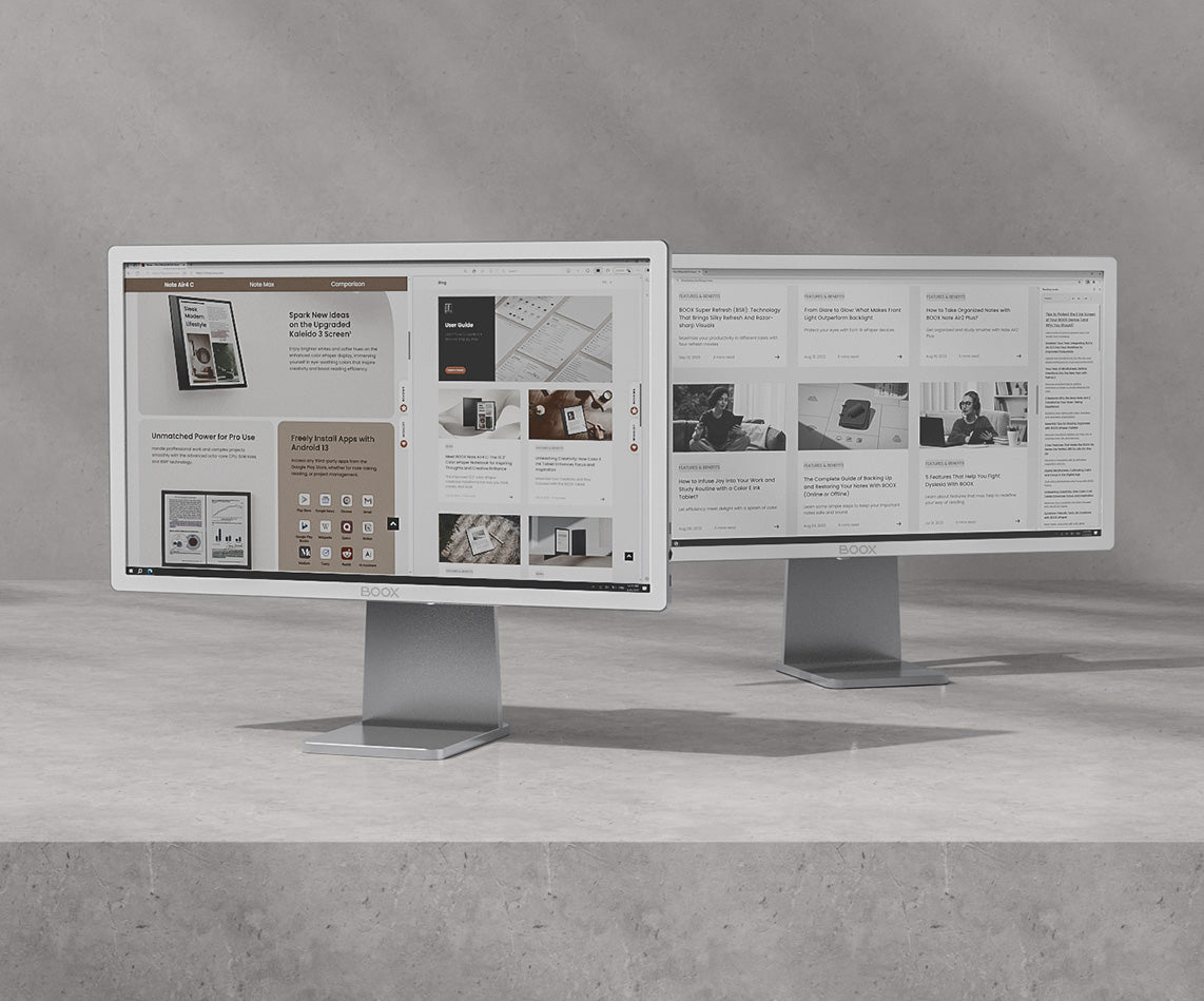 BOOX Mira Pro Color E Ink monitor on desk with adjustable aluminium stand