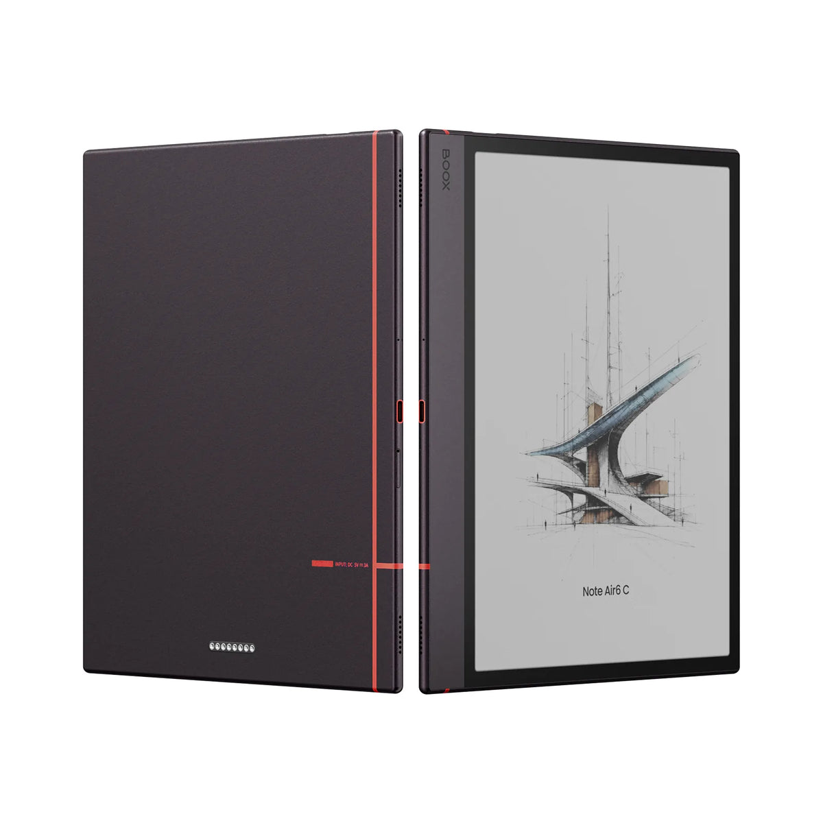 Boox Note Air 6C front and back at an angle, showing the USB-C port and orange trim - Best e-ink Tablets South Africa