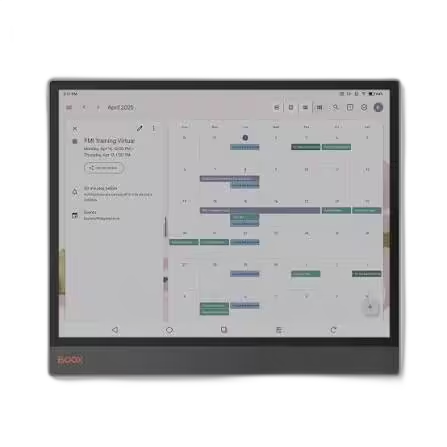 BOOX Tab X C 13.3-inch colour e-ink tablet in landscape showing a monthly calendar and agenda for productivity