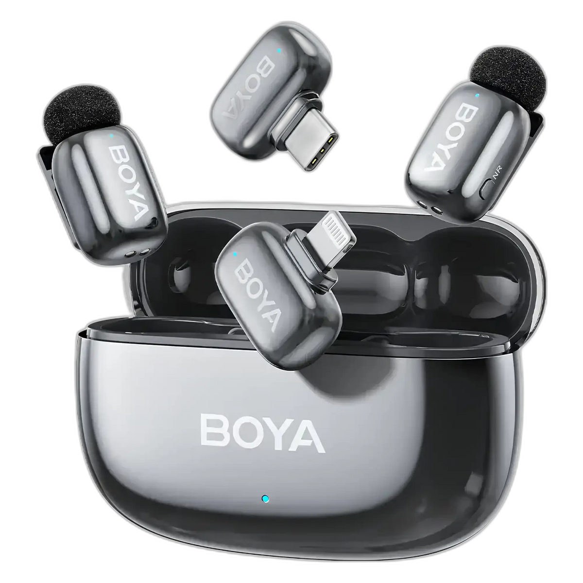 BOYA Mini 2 Dual Kit combo: two transmitters, USB-C and Lightning receivers with the charging case