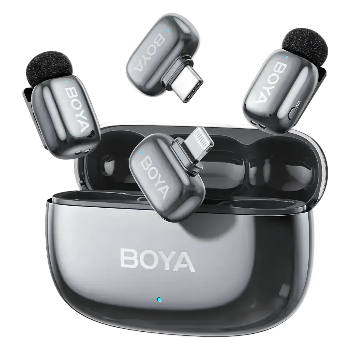 BOYA Mini 2 Dual Kit contents: two transmitters and both receivers above the open charging case