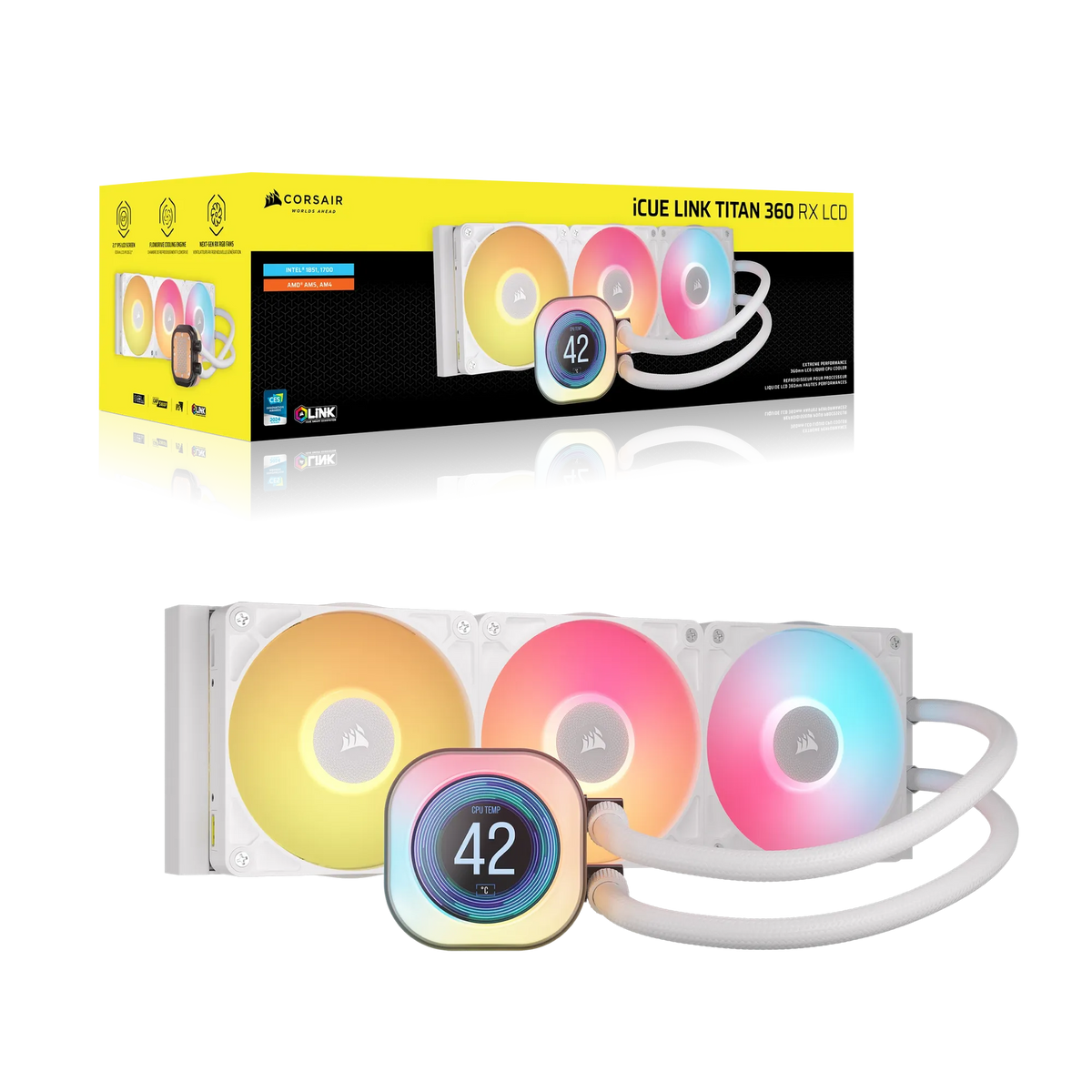 Corsair iCUE LINK TITAN 240 RX LCD Liquid CPU Cooler - White – RX120 RGB Fans – Fits Intel® LGA 1851/1700; AMD® AM5/AM4.