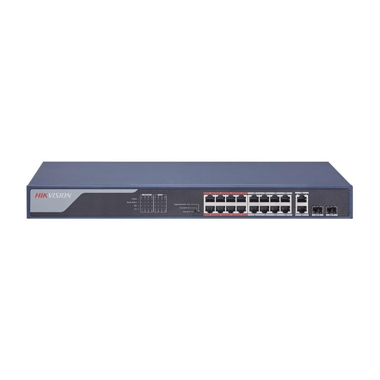 Hikvision Unmanaged, 16 100M PoE port, 2 1000M combo port, 802.3afat, PoE power budget 230W