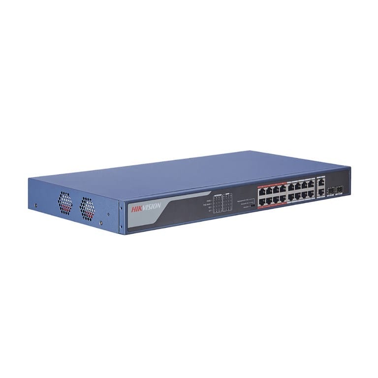 Hikvision Unmanaged, 16 100M PoE port, 2 1000M combo port, 802.3afat, PoE power budget 230W