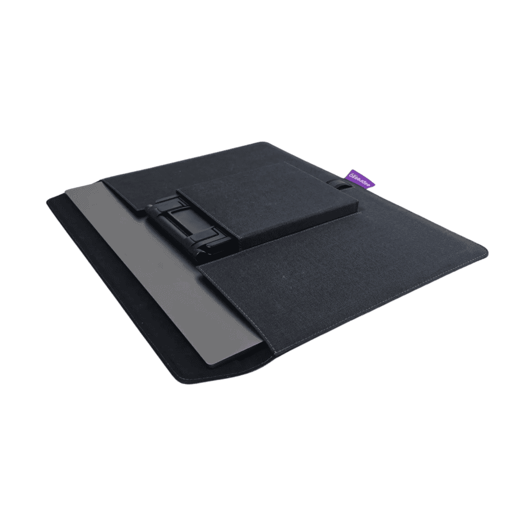 Mobile device holder with adjustable support for laptops and tablets, designed for professional AV setups.