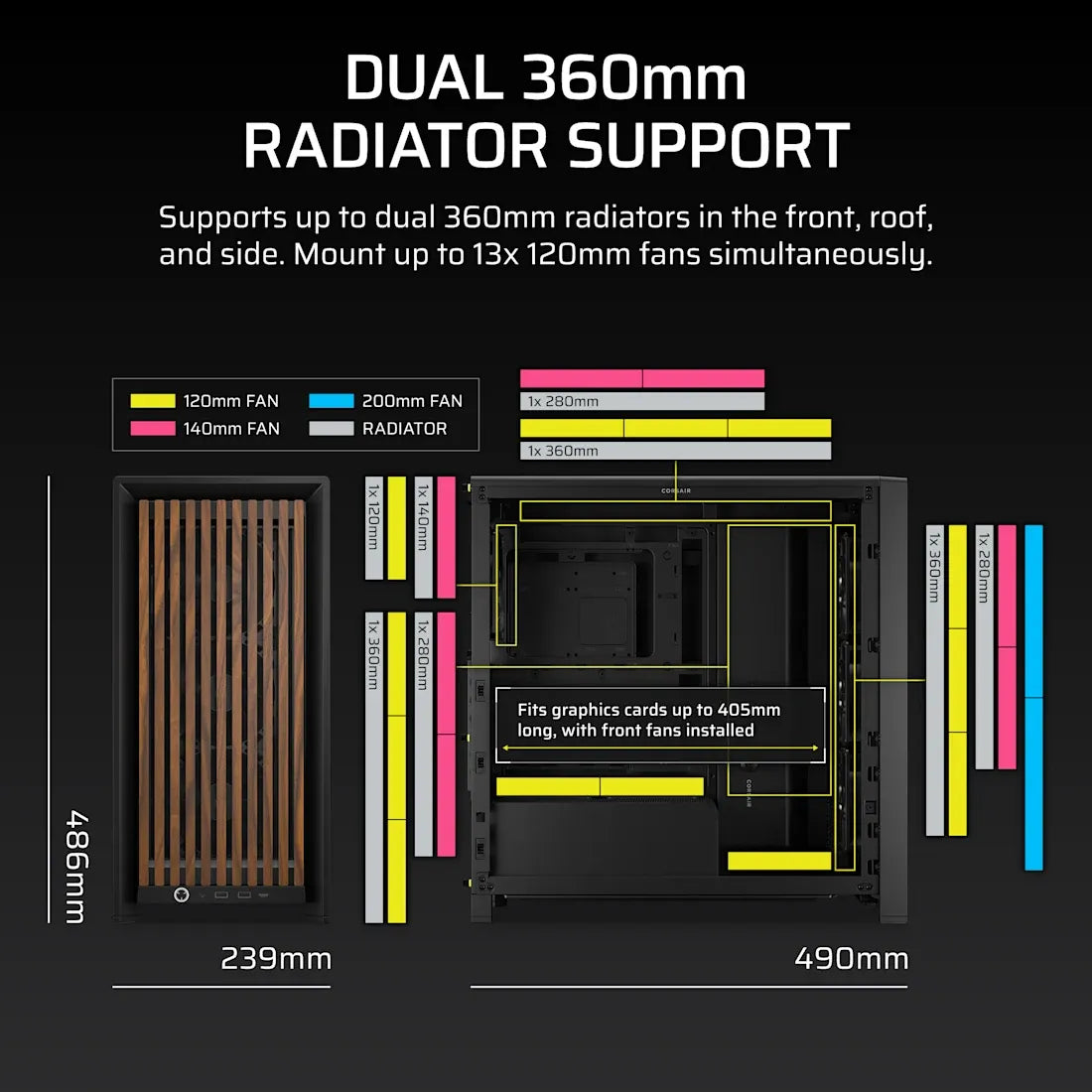 FRAME 4000D RS WOOD Modular High Airflow Mid-Tower PC Case; 4x RS Fans; Black & Walnut.