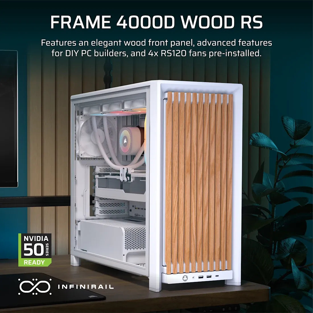 FRAME 4000D RS WOOD Modular High Airflow Mid-Tower PC Case; 4x RS Fans; White & Oak.
