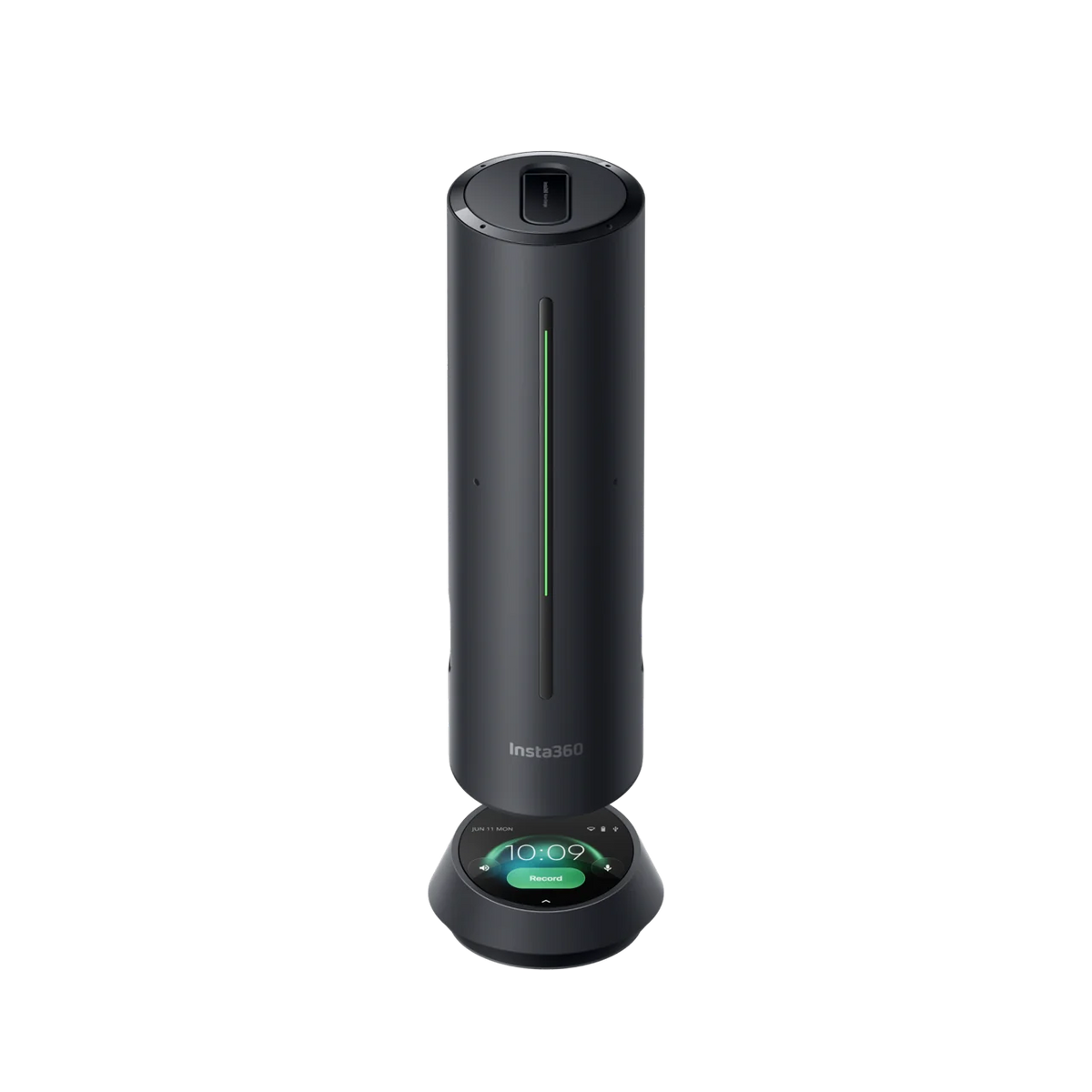 Insta360 Wave AI speakerphone in Graphite Black, raised, with the touchscreen base showing the time