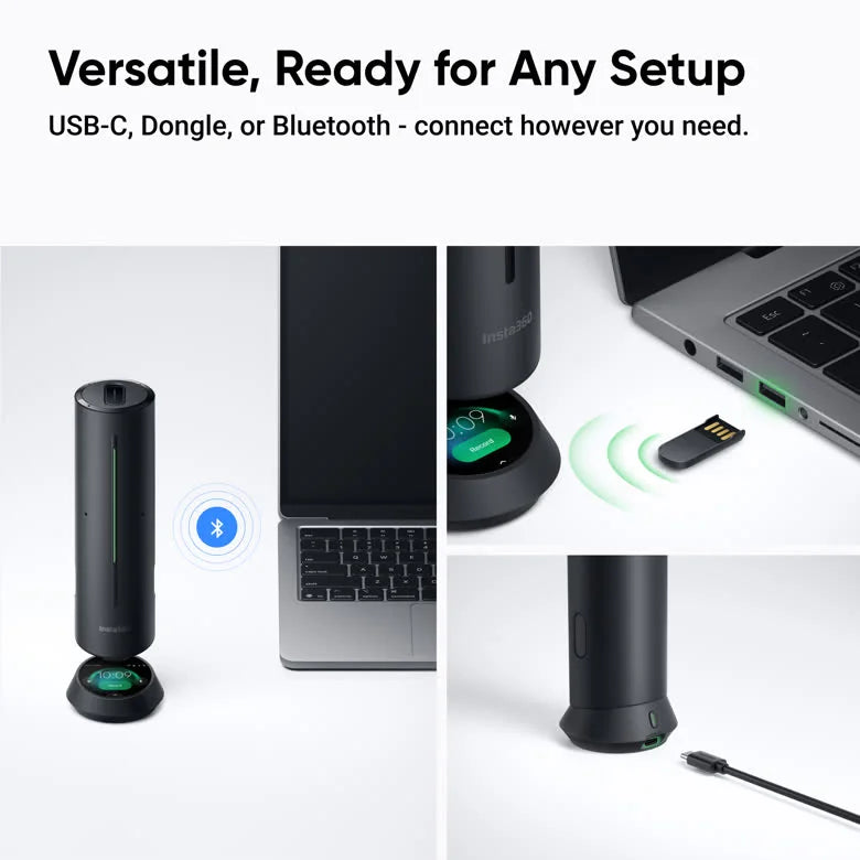 Insta360 Wave connectivity options: USB-C cable, wireless dongle and Bluetooth