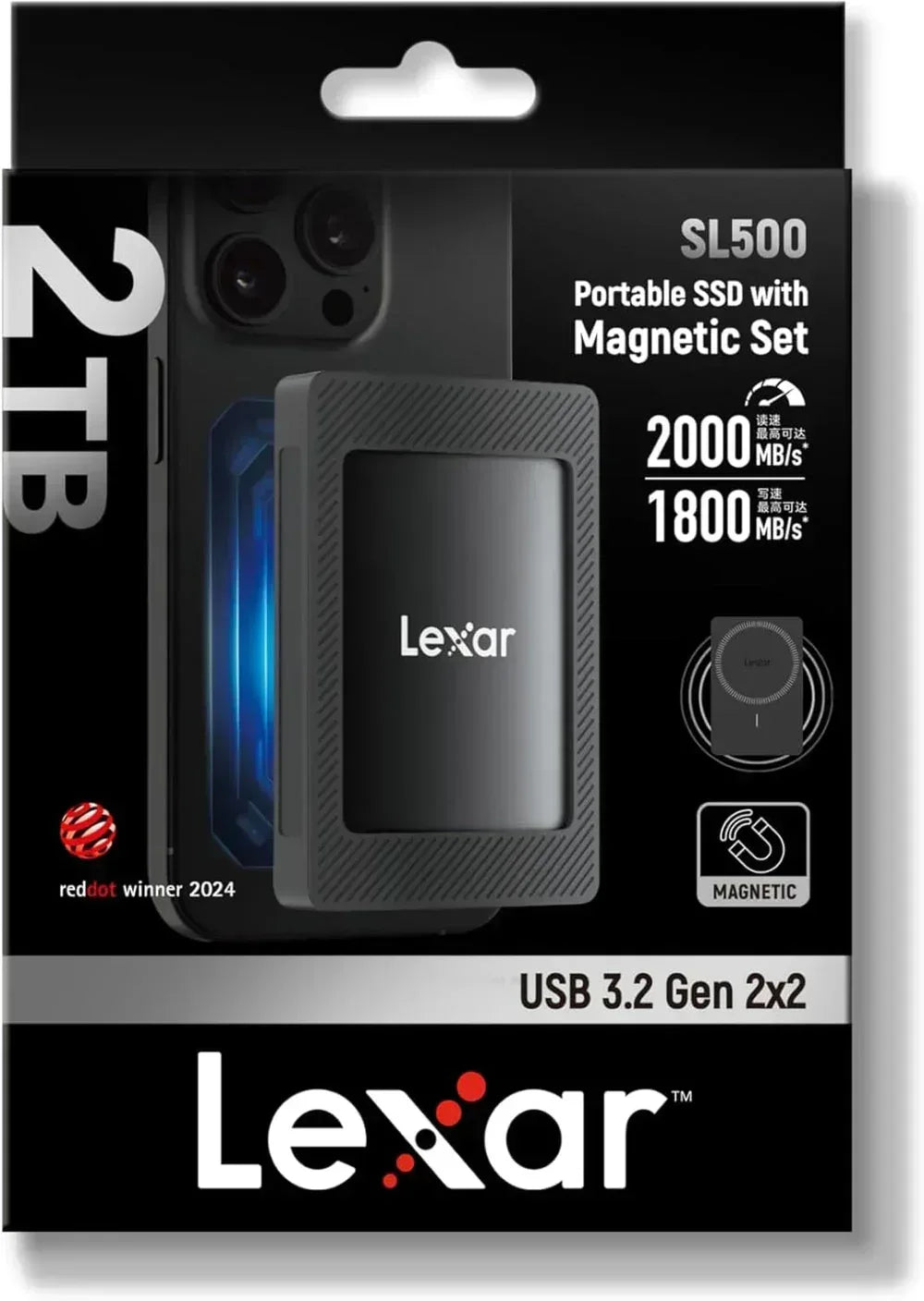 Lexar 2TB SL500 USB3.2 Gen 2x2 Portable SSD with Magnetic Set Guards On Duty Security